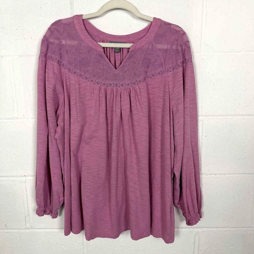 Style & Co Peasant Top Rose Color Gathered Lace Soft Romantic BoHo Cottage SZ 3X